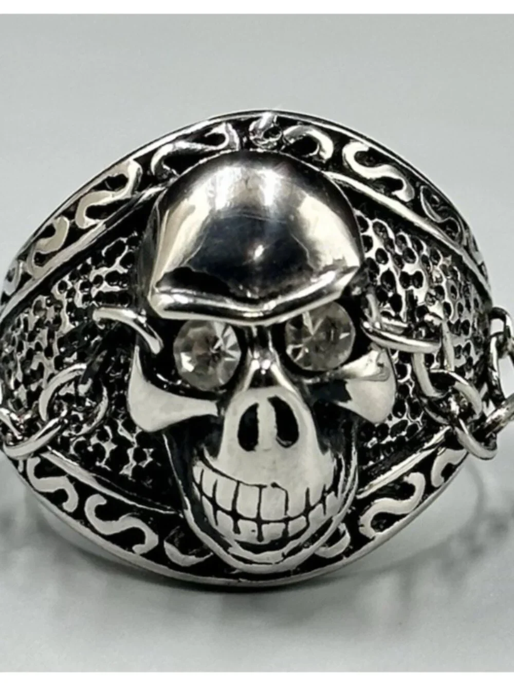Skull Ring Size 13 Mens Stainless Steel Chain Accent Gothic Punk Statement